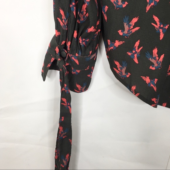 Free People Bird Print Button Up Long Sleeve Tie Cuff Blouse - Picture 8 of 10